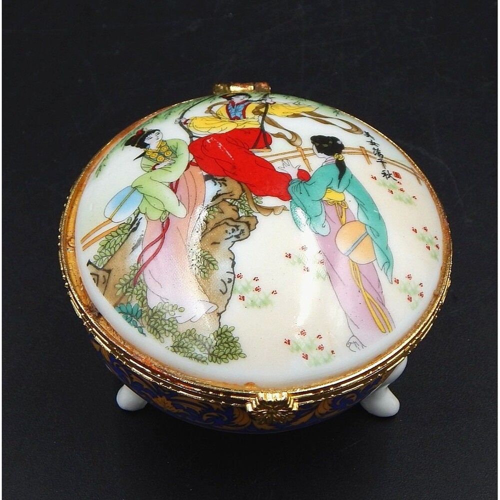 Hand Painted Japanese Porcelain Trinket Box Mirror Geisha 3 Inch